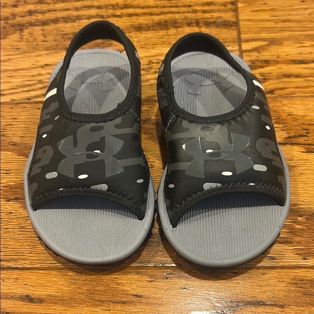 UA Kids Black and Gray Slide Sandals